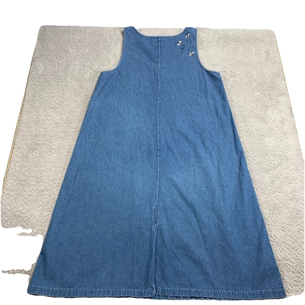 CJ Banks Denim Jumper Dress Womens 16W Blue Bee Embroidered Midi Pinafore - Picture 7 of 10